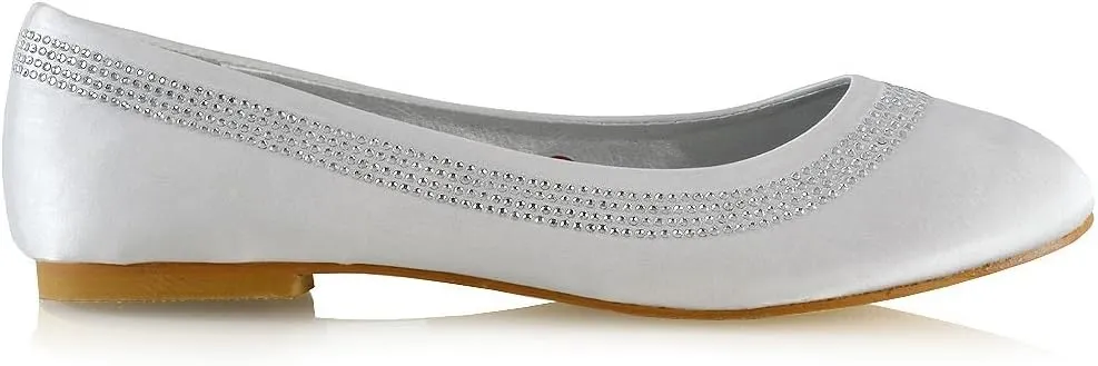Womens Bridal Ballet Flats Ladies White Satin Slip On Satin Diamante Bridesmaid Party Pumps Shoes 8 B(M) US