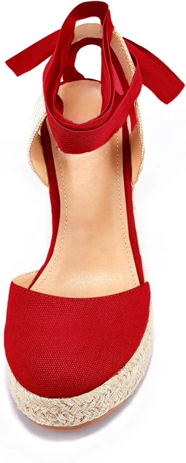 Women's Espadrille Wedge Sandals Closed Toe Lace Up Platform Ankle Wrap Summer Casual Shoes
