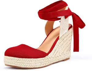Women's Espadrille Wedge Sandals Closed Toe Lace Up Platform Ankle Wrap Summer Casual Shoes