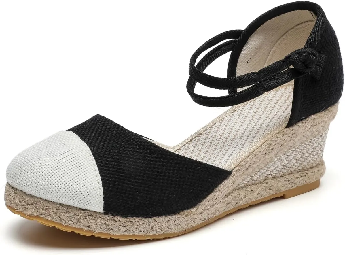 Women's Espadrilles Wedge Sandals Platform Closed Toe Ankle Strap Lace Up Summer Shoes Espadrille Heels Wedges for Women Bohemian Canvas