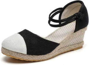 Women's Espadrilles Wedge Sandals Platform Closed Toe Ankle Strap Lace Up Summer Shoes Espadrille Heels Wedges for Women Bohemian Canvas