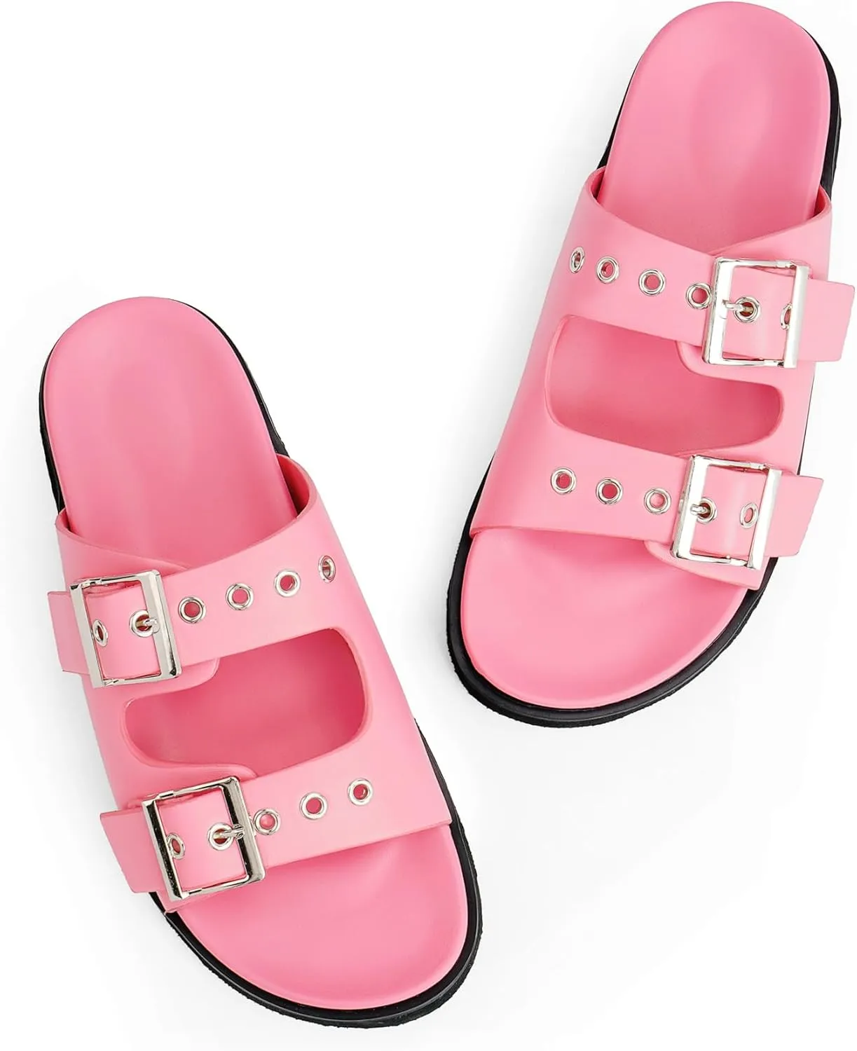 Womens Flat Slide Sandals Double Buckle Adjustable Flat Sandals Slip On Platform Sandals Open Toe Summer Sandals