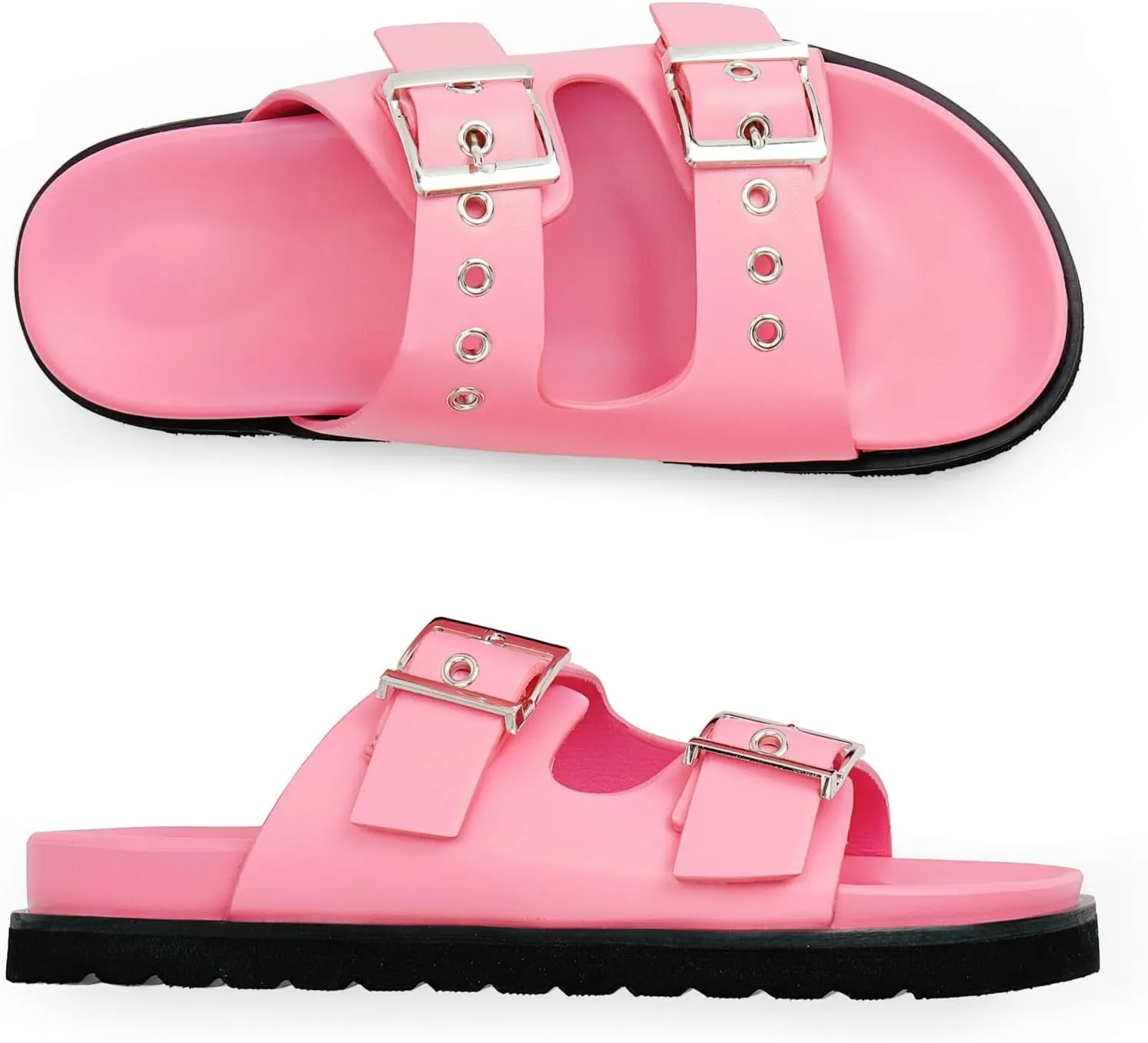 Womens Flat Slide Sandals Double Buckle Adjustable Flat Sandals Slip On Platform Sandals Open Toe Summer Sandals