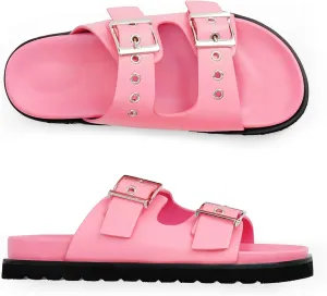 Womens Flat Slide Sandals Double Buckle Adjustable Flat Sandals Slip On Platform Sandals Open Toe Summer Sandals