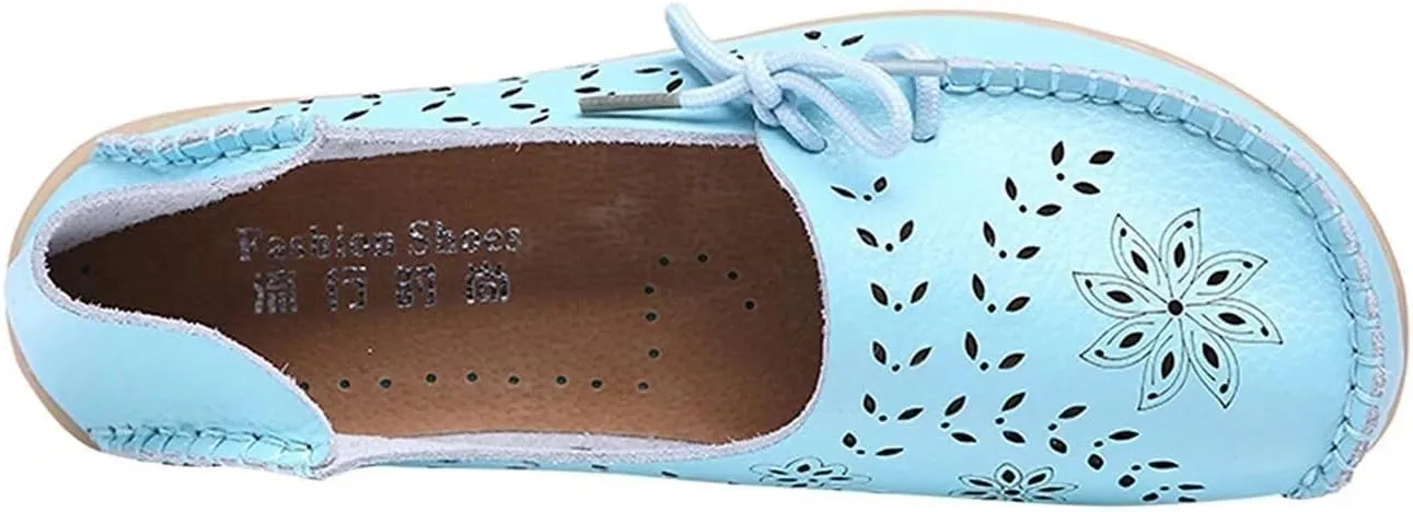 Women's Floral Leather Slip-On Shoes Flat Slipper Walking Loafers