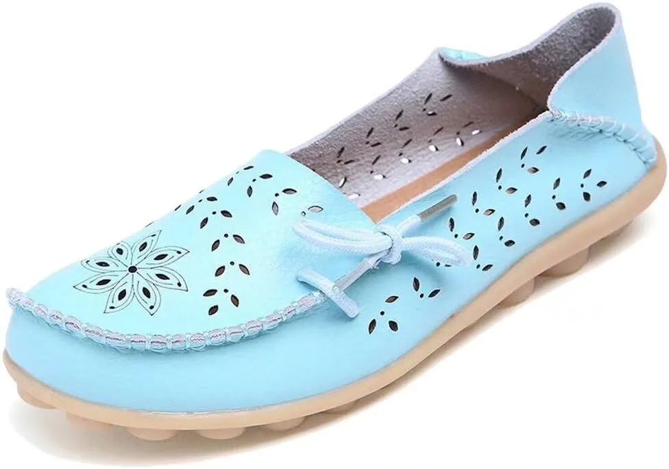 Women's Floral Leather Slip-On Shoes Flat Slipper Walking Loafers