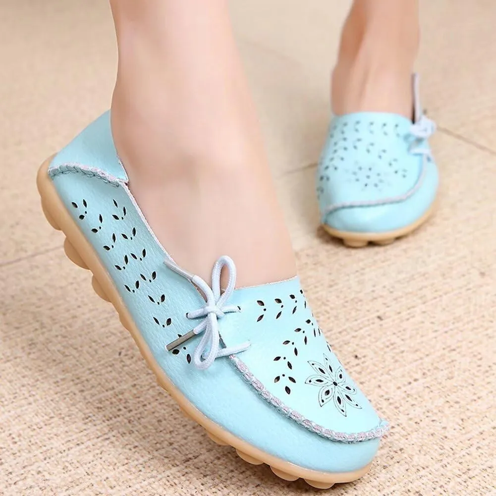 Women's Floral Leather Slip-On Shoes Flat Slipper Walking Loafers