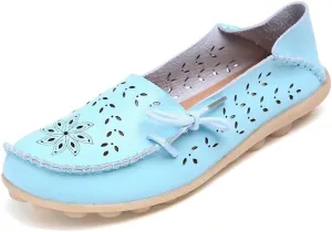 Women's Floral Leather Slip-On Shoes Flat Slipper Walking Loafers