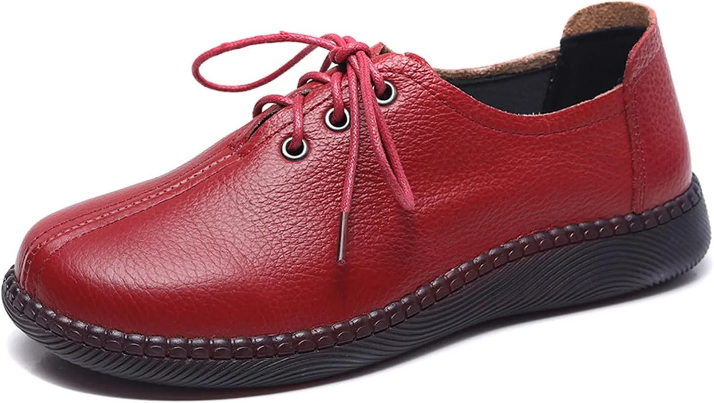 Women's Genuine Leather Lace-Up Flat Oxfords,Classic Round Toe Handmade Beef Tendon Soft Sole Business Formal Dress Driving Shoes Casual Comfortable Non-Slip Mom Walking Shoes