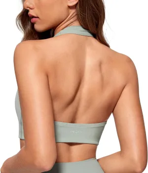 Womens Halter Longline Sports Bra Padded Low Back Yoga Bar Workout Crop Top with Built in Bra