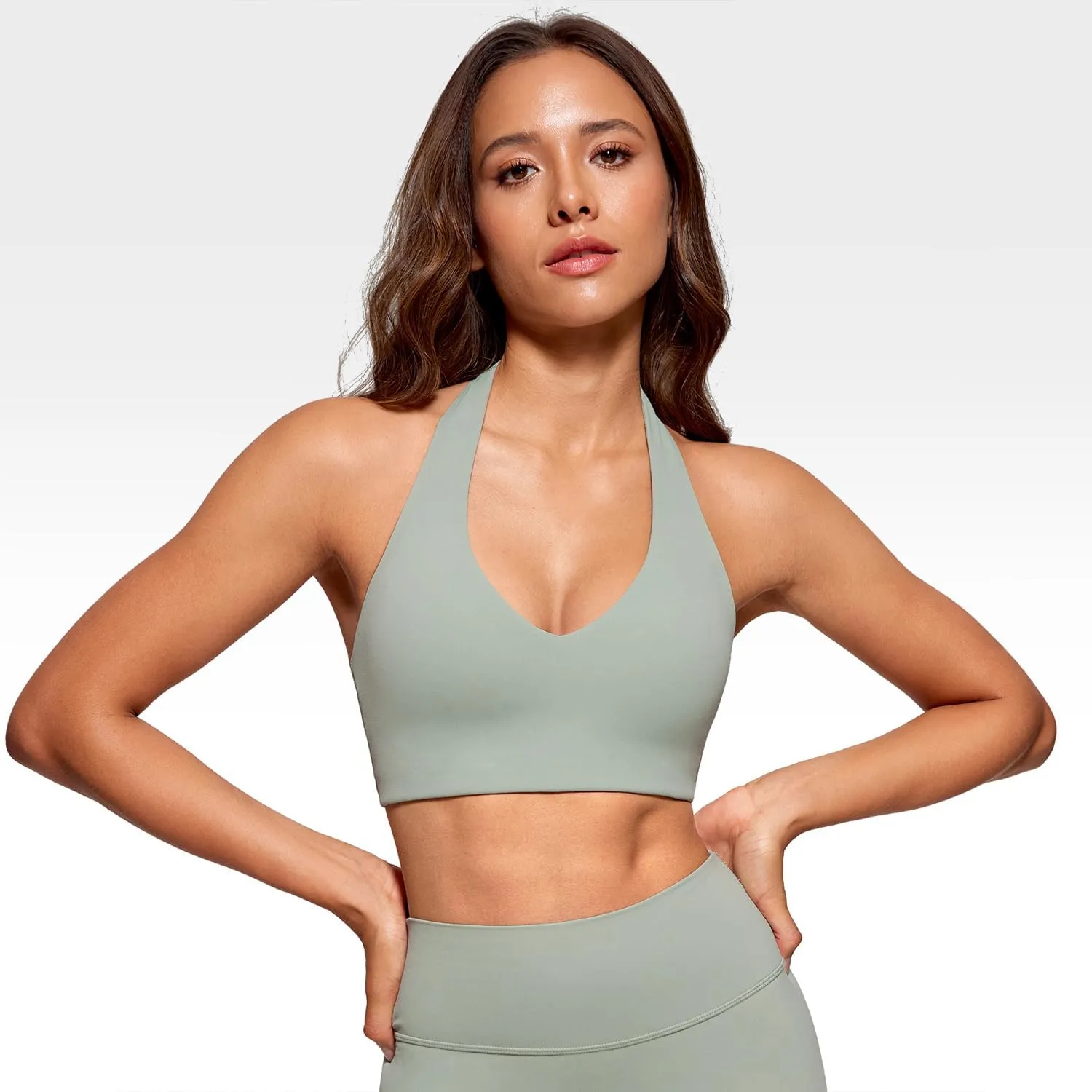 Womens Halter Longline Sports Bra Padded Low Back Yoga Bar Workout Crop Top with Built in Bra