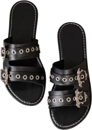Women's Punk Style Bat Design Studded Decor Flat Sandals, Fashionable PU Leather Sandals for Daily Wear, Casual Versatile Shoes for Women & Girls, Summer Plus Size Beach Rave Festivals