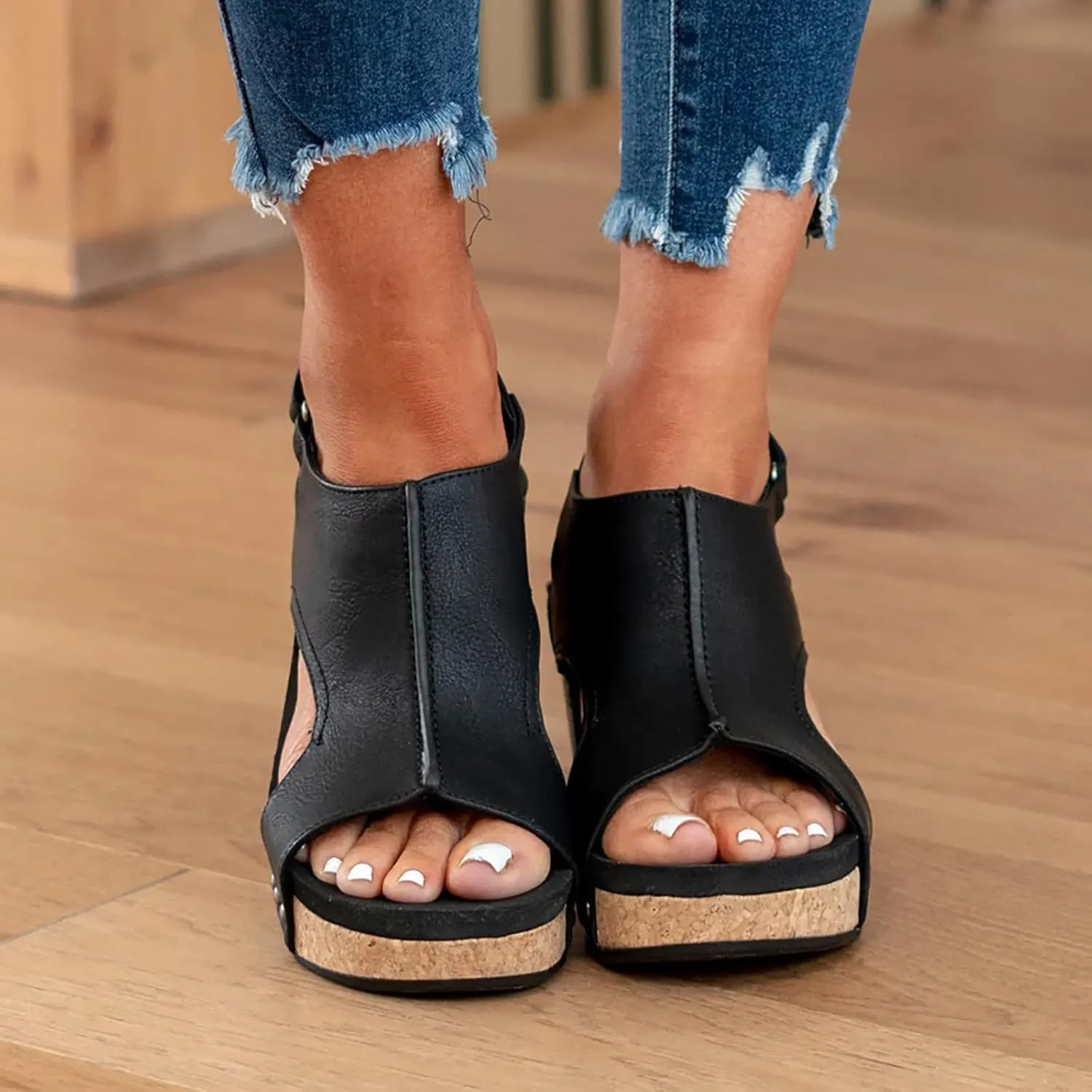 Womens Sandals Wedge Thick Bottom Studded Comfort Slope Sandals Women Summer Fashion Peep Toe Slip On Slide Slippers