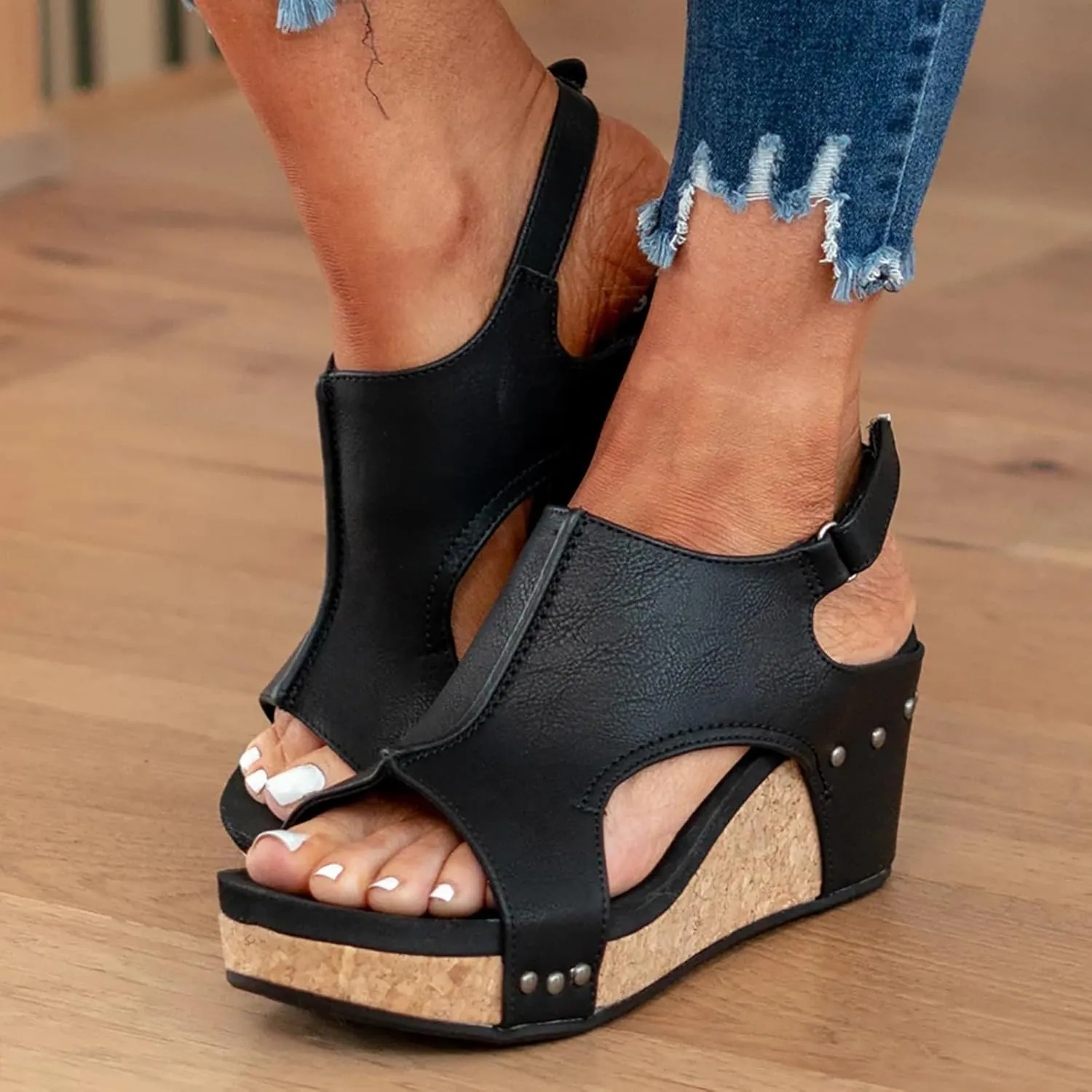 Womens Sandals Wedge Thick Bottom Studded Comfort Slope Sandals Women Summer Fashion Peep Toe Slip On Slide Slippers
