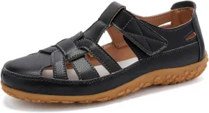 Women's Summer Leather Fisherman Sandals Casual Soft Bottom Hollow Out Non Slip Closed Round Toe Adjustable Hook Walking Sandals Lightweight Comfortable Beach Shoes