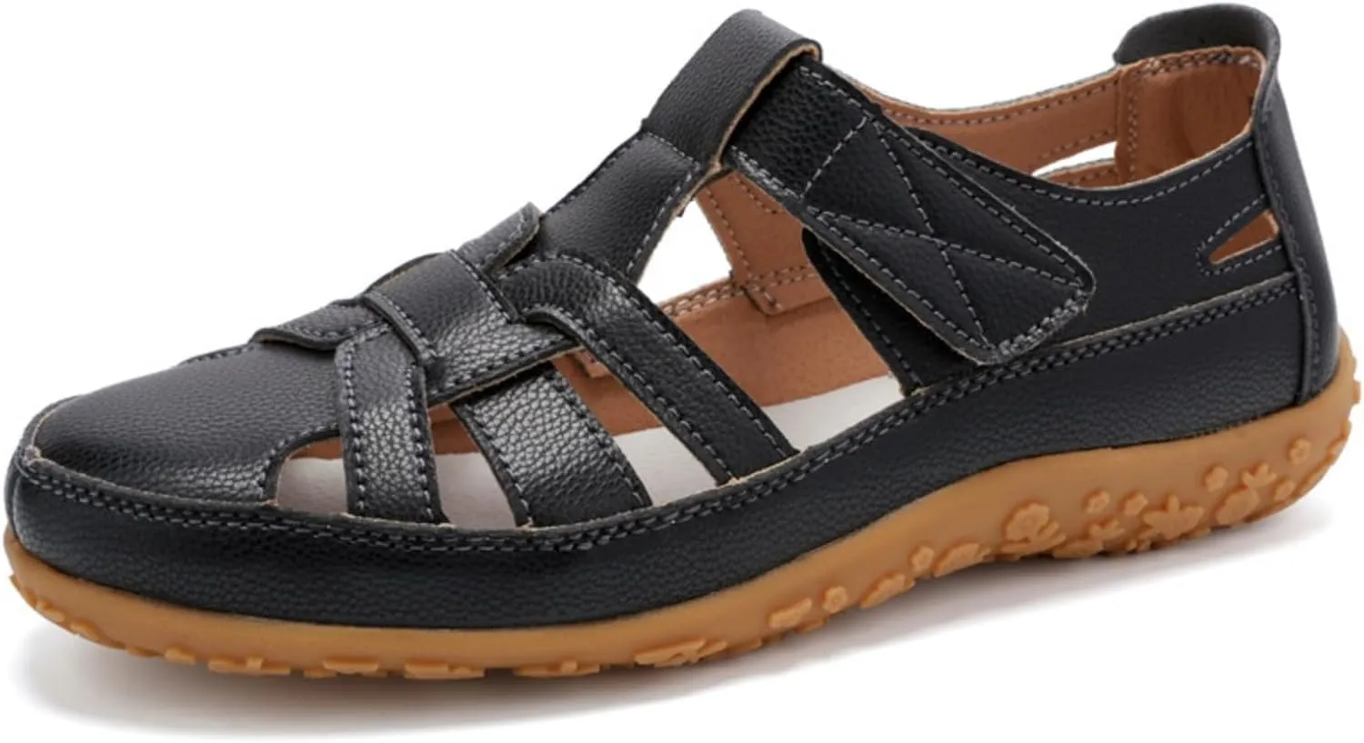 Women's Summer Leather Fisherman Sandals Casual Soft Bottom Hollow Out Non Slip Closed Round Toe Adjustable Hook Walking Sandals Lightweight Comfortable Beach Shoes