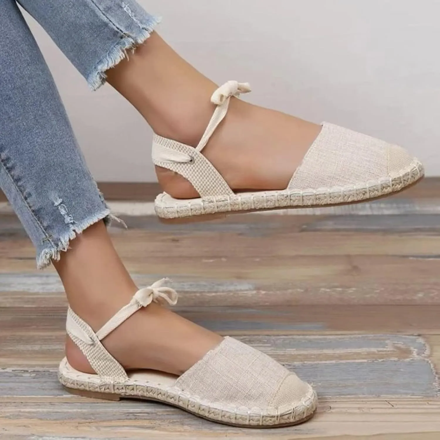 Women's Versatile Flat Sandals Solid Canvas Strap Flat Sandals Fashion Lace Up Closed Toe Shoes Dressy Flip Flops Women