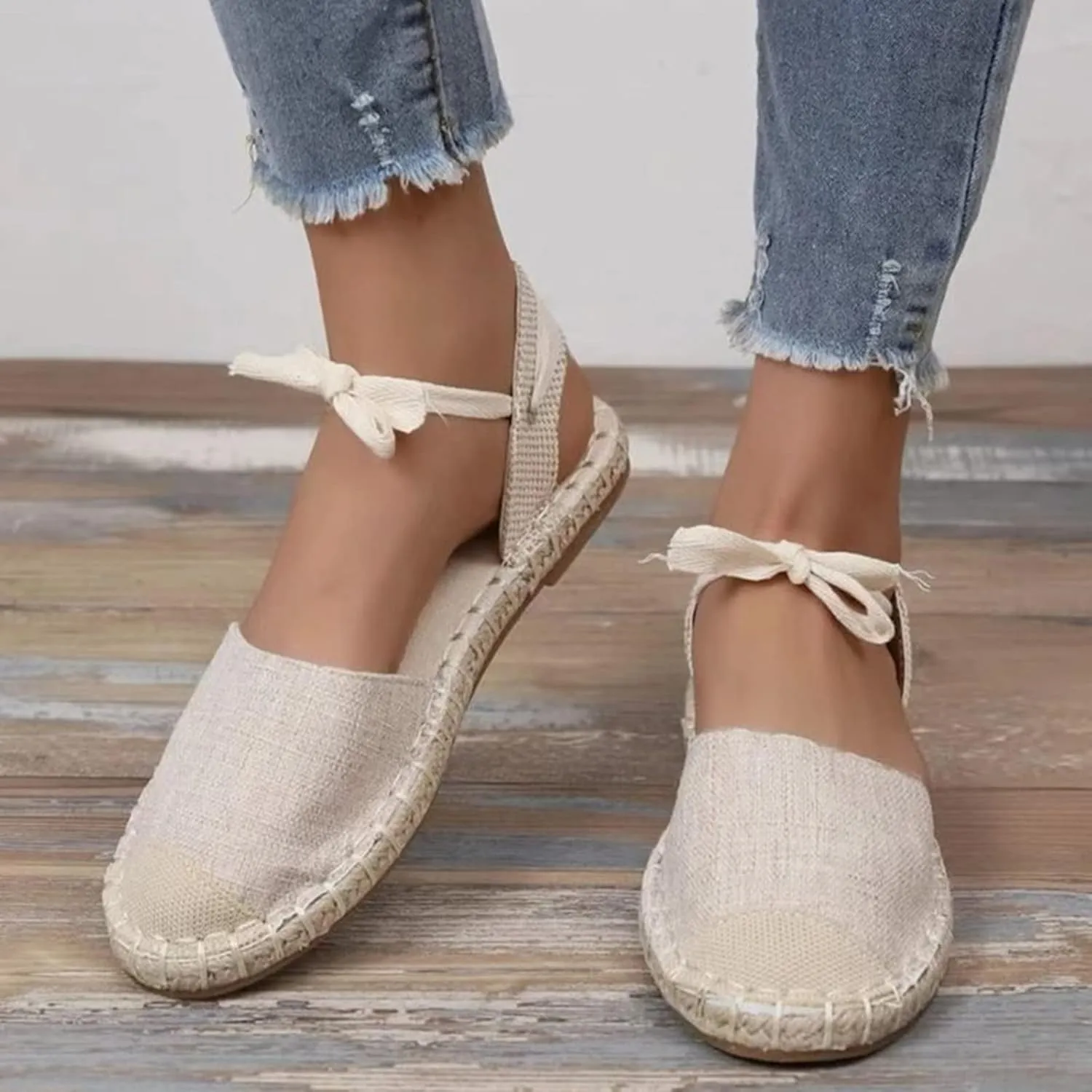 Women's Versatile Flat Sandals Solid Canvas Strap Flat Sandals Fashion Lace Up Closed Toe Shoes Dressy Flip Flops Women