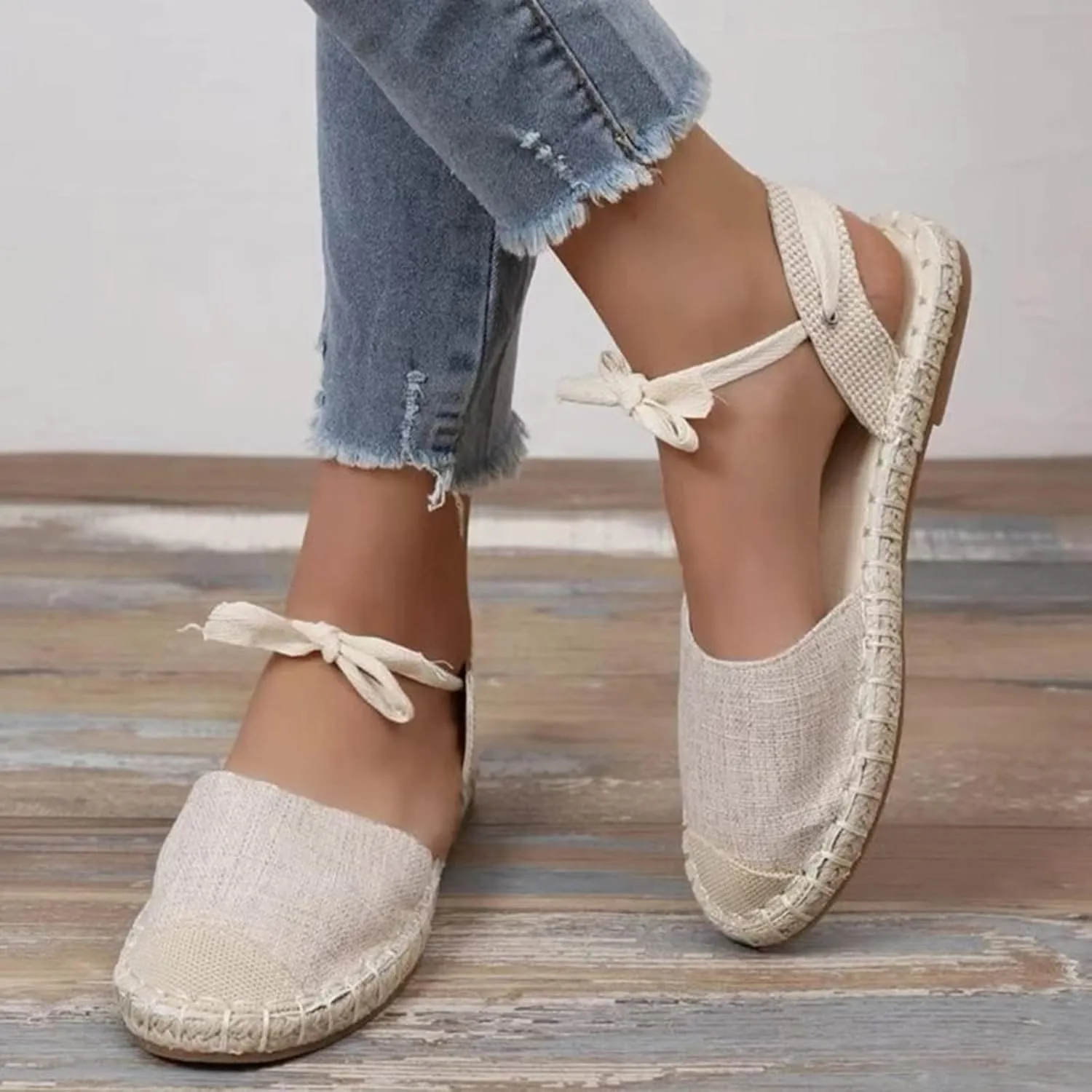 Women's Versatile Flat Sandals Solid Canvas Strap Flat Sandals Fashion Lace Up Closed Toe Shoes Dressy Flip Flops Women
