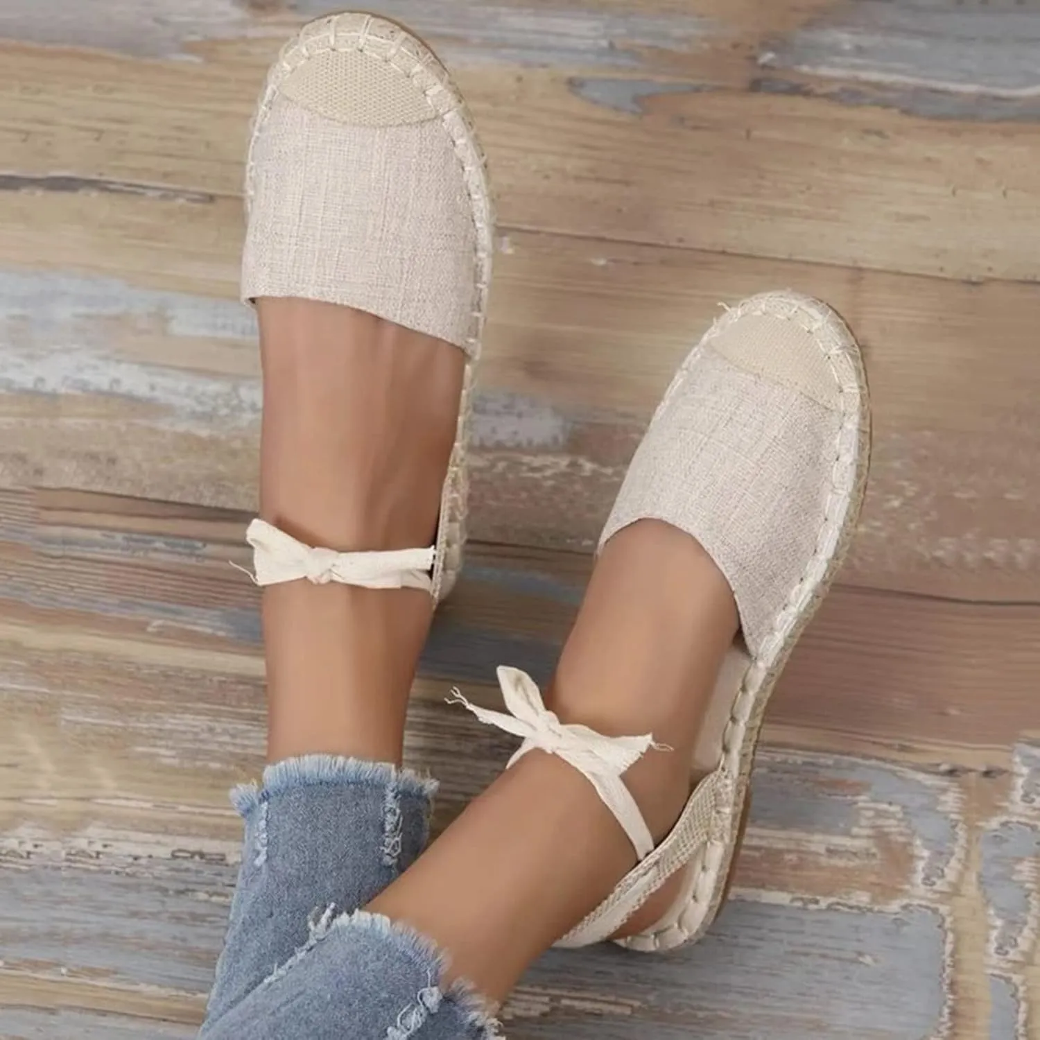 Women's Versatile Flat Sandals Solid Canvas Strap Flat Sandals Fashion Lace Up Closed Toe Shoes Dressy Flip Flops Women