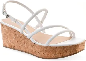 Womens White 1" Platform Cork-Like Strappy Padded Bella Square Toe Wedge Buckle Slingback Sandal 10 M