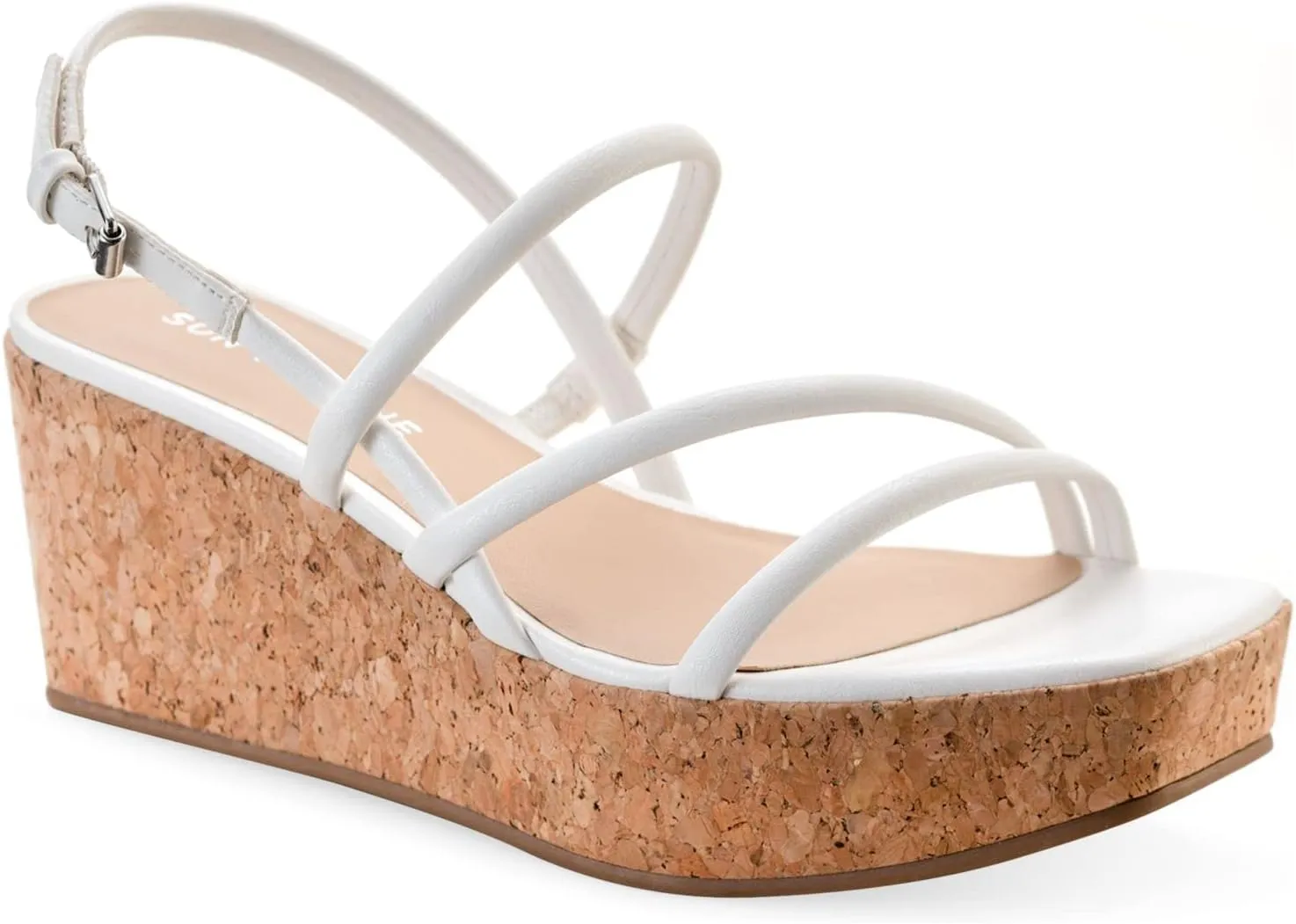 Womens White 1" Platform Cork-Like Strappy Padded Bella Square Toe Wedge Buckle Slingback Sandal 10 M