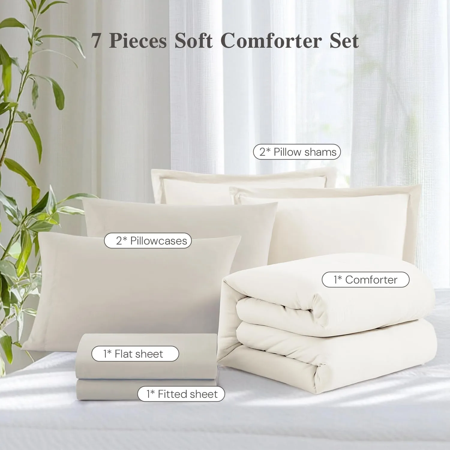 WRENSONGE Queen Comforter Set - 7 Pieces White Soft Bed in a Bag Queen with Fitted Sheet, Flat Sheet, 2 Pillow Shams, and 2 Pillowcases- Warm Bedding Sets for All Season