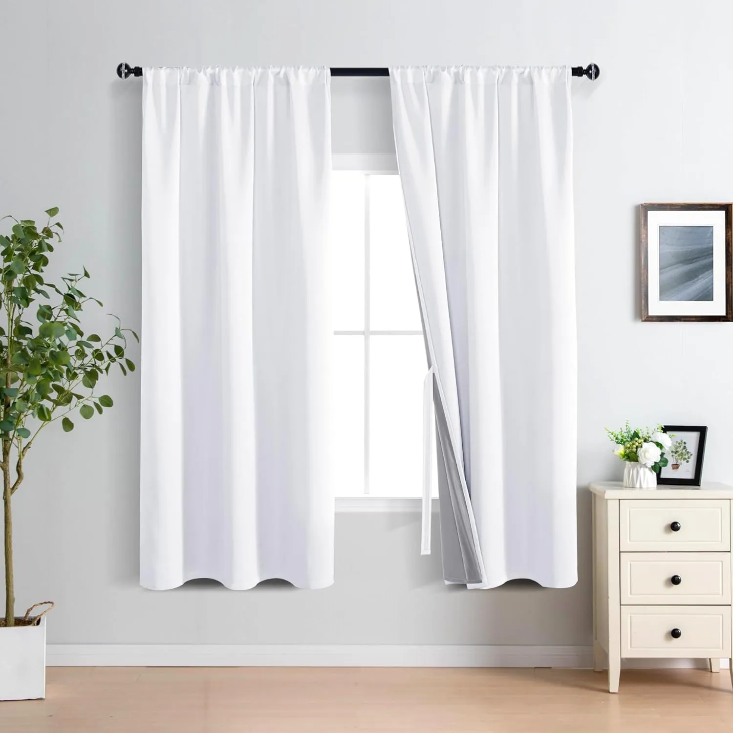 XWZO 100% Blackout Curtain Panels - Thermal Insulated Black Liner Rod Pocket Curtains, Noise Reducing and Heat Blocking Drapes for Hall and Studio Windows with Tiebacks, White, W42 x L72, Set of 2