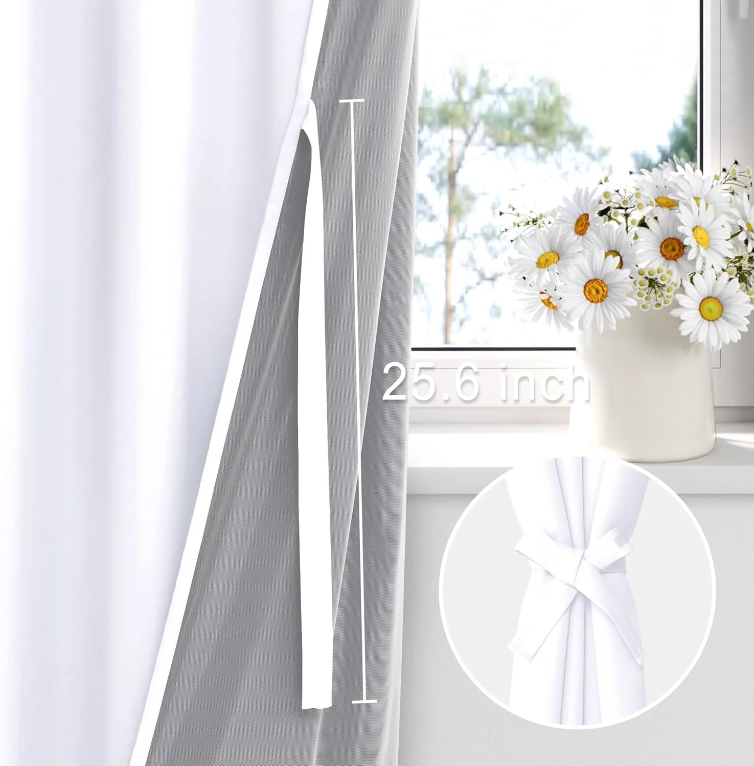 XWZO 100% Blackout Curtain Panels - Thermal Insulated Black Liner Rod Pocket Curtains, Noise Reducing and Heat Blocking Drapes for Hall and Studio Windows with Tiebacks, White, W42 x L72, Set of 2
