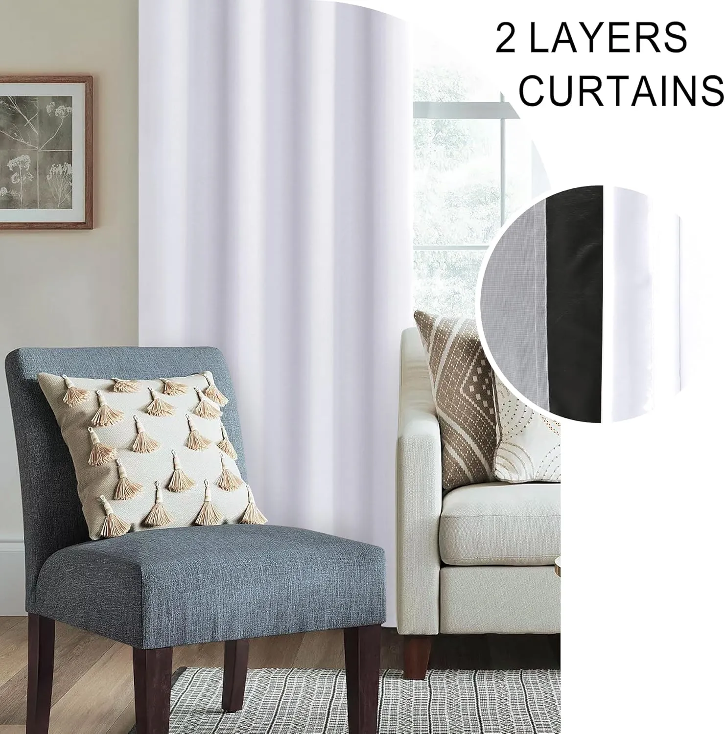 XWZO 100% Blackout Curtain Panels - Thermal Insulated Black Liner Rod Pocket Curtains, Noise Reducing and Heat Blocking Drapes for Hall and Studio Windows with Tiebacks, White, W42 x L72, Set of 2