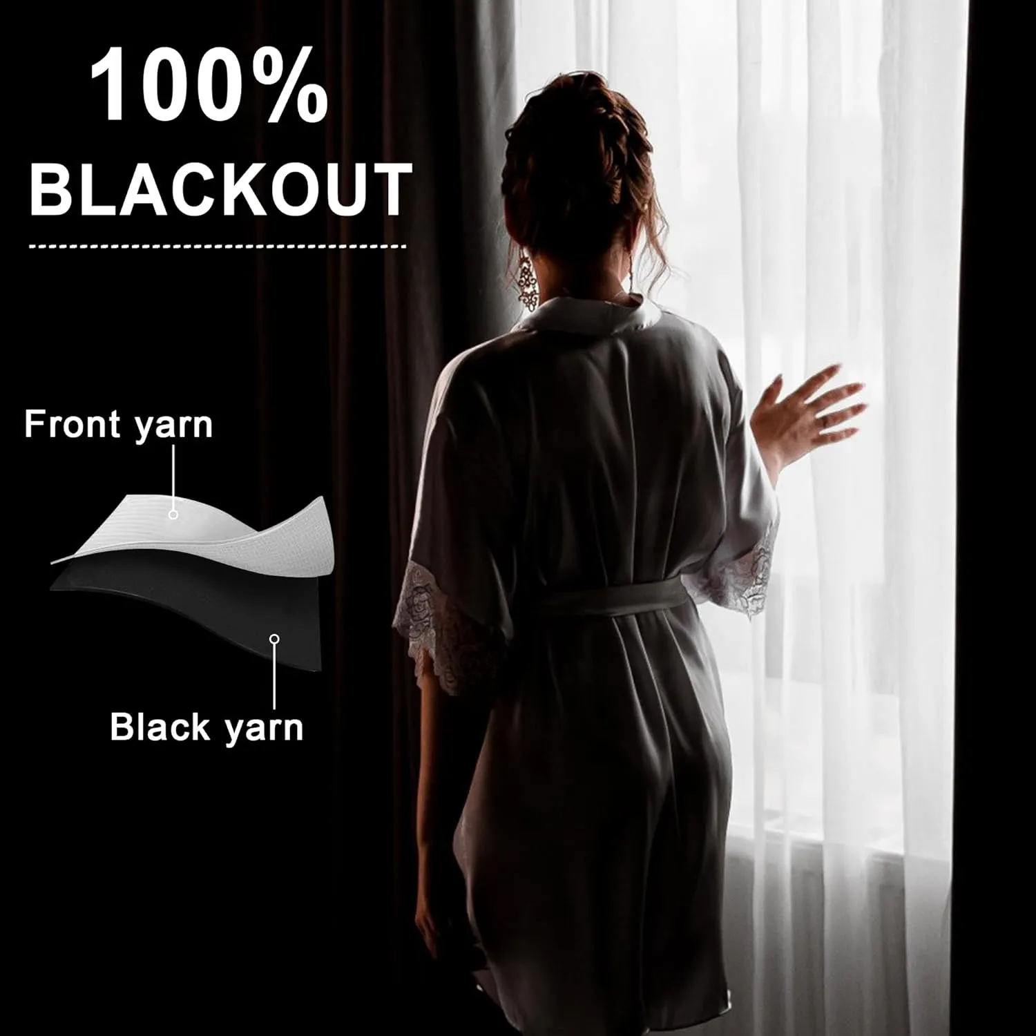 XWZO 100% Blackout Curtain Panels - Thermal Insulated Black Liner Rod Pocket Curtains, Noise Reducing and Heat Blocking Drapes for Hall and Studio Windows with Tiebacks, White, W42 x L72, Set of 2