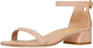 XYD Women Pearls Open Toe Strappy Low Block Heel Sandal Flats Ankle Strap with Buckle Wedding Bridal Dress Shoes