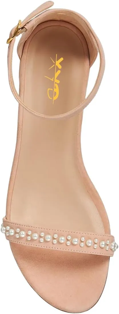 XYD Women Pearls Open Toe Strappy Low Block Heel Sandal Flats Ankle Strap with Buckle Wedding Bridal Dress Shoes