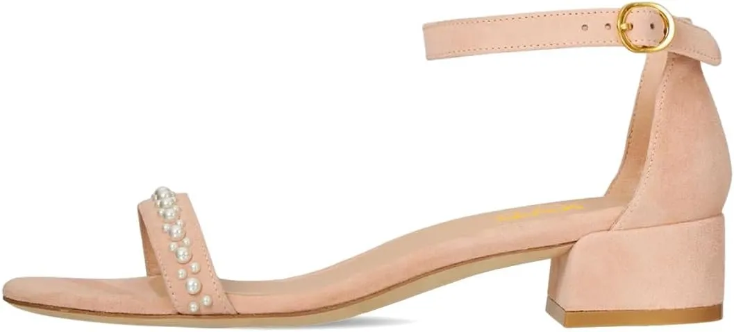 XYD Women Pearls Open Toe Strappy Low Block Heel Sandal Flats Ankle Strap with Buckle Wedding Bridal Dress Shoes