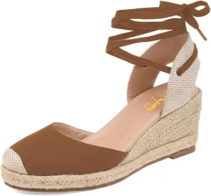 XYD Women's Closed Round Toe Ankle Strappy Espadrilles Wedge Sandals Slingback Platform Heel Casual Resort Dress Summer Roman Shoes