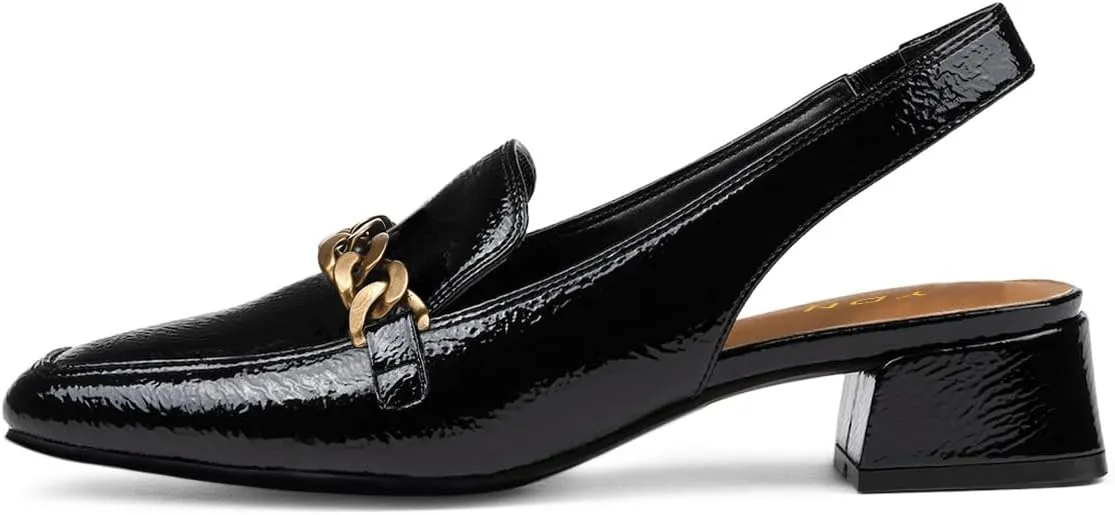 YDN Women's Chic Square Toe Chunky Heel Loafers Block Low Heels Chain Strap Elastic Slingback Pumps Formal Dressy Daily Shoes Size 4-16 US