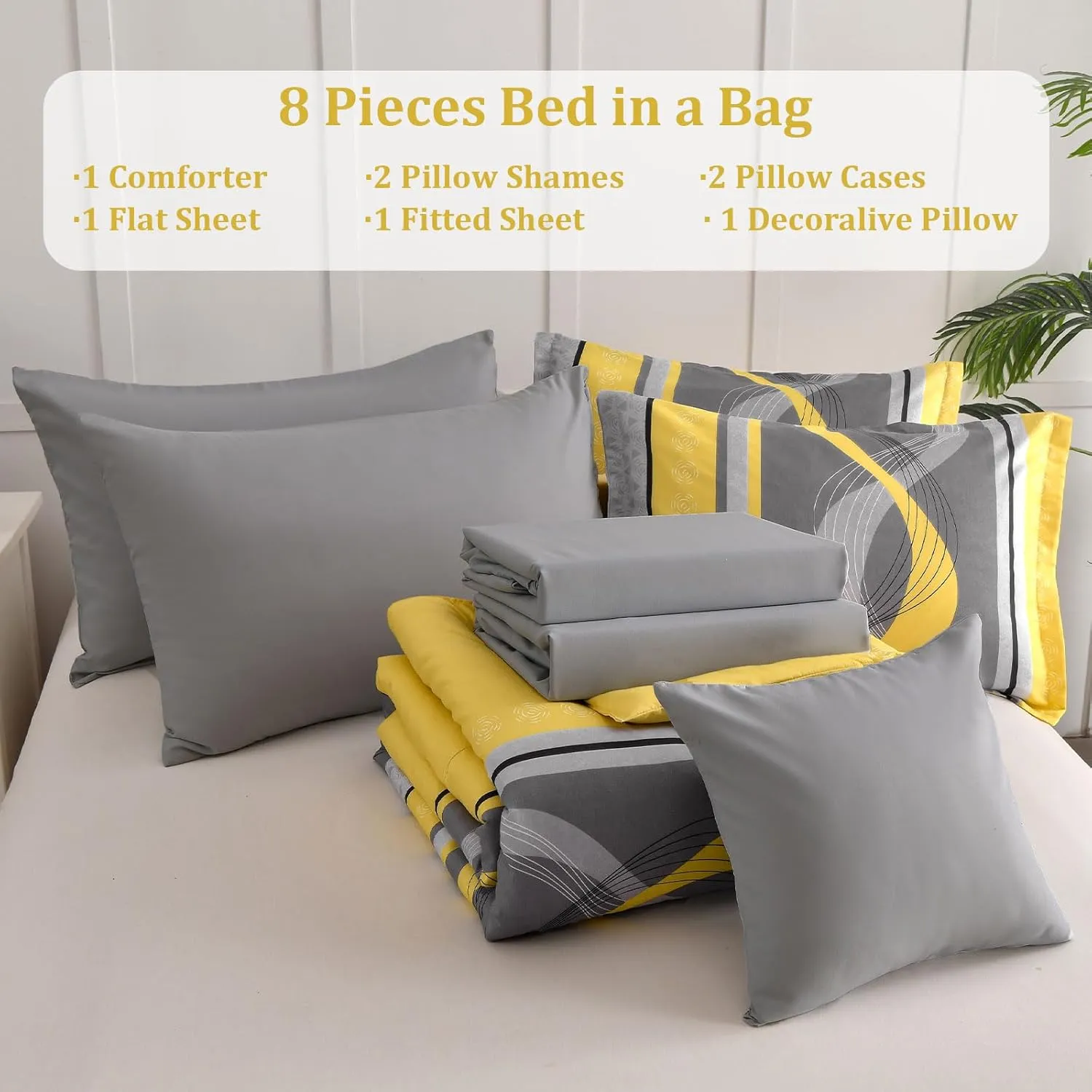 Yellow Comforter Set King Size,8 Pieces Bed in a Bag Patchwork Striped Bedding Sets,Boho Soft Microfiber Bedding Set for All Season(104"×90")