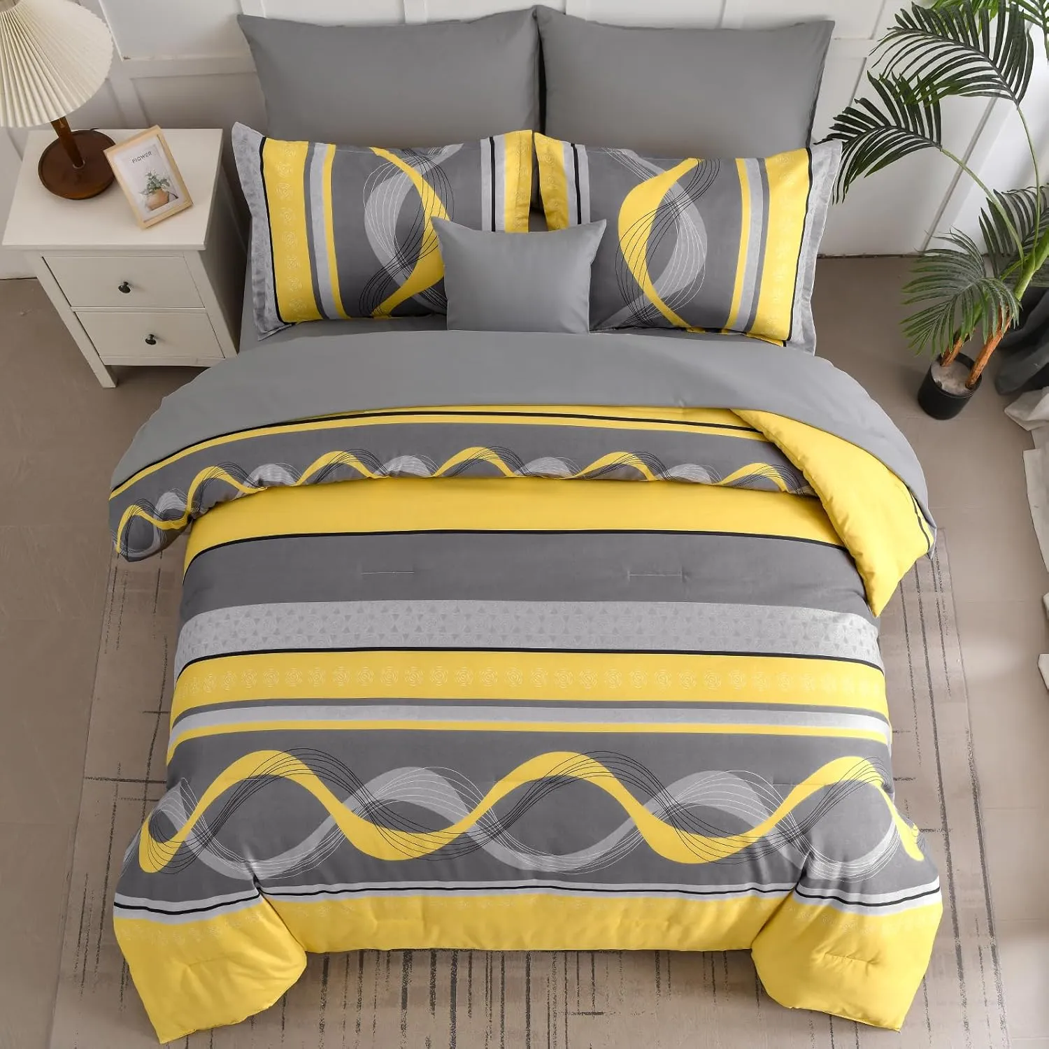 Yellow Comforter Set King Size,8 Pieces Bed in a Bag Patchwork Striped Bedding Sets,Boho Soft Microfiber Bedding Set for All Season(104"×90")