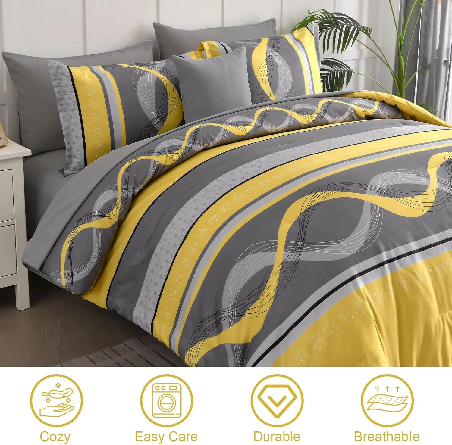 Yellow Comforter Set King Size,8 Pieces Bed in a Bag Patchwork Striped Bedding Sets,Boho Soft Microfiber Bedding Set for All Season(104"×90")