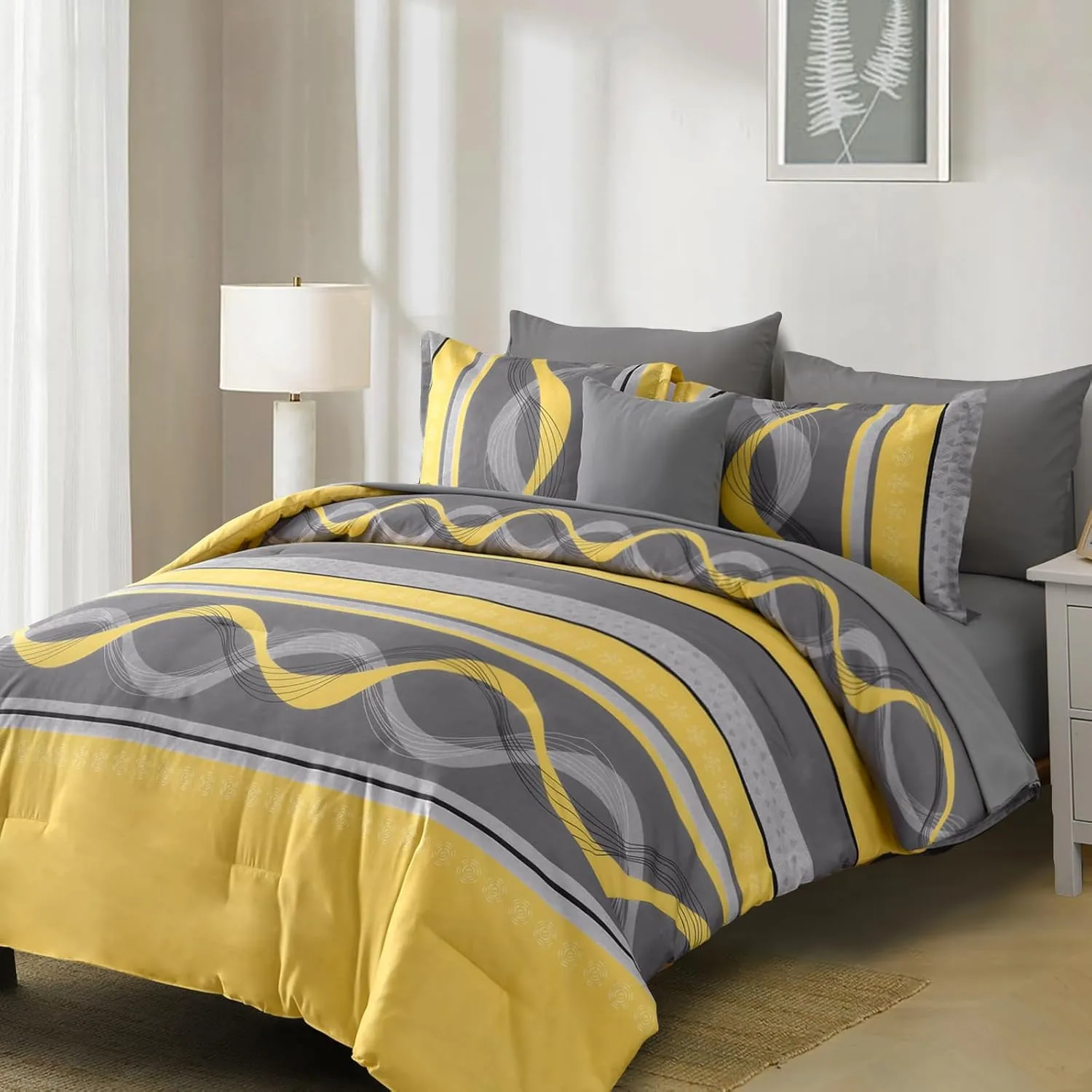 Yellow Comforter Set King Size,8 Pieces Bed in a Bag Patchwork Striped Bedding Sets,Boho Soft Microfiber Bedding Set for All Season(104"×90")