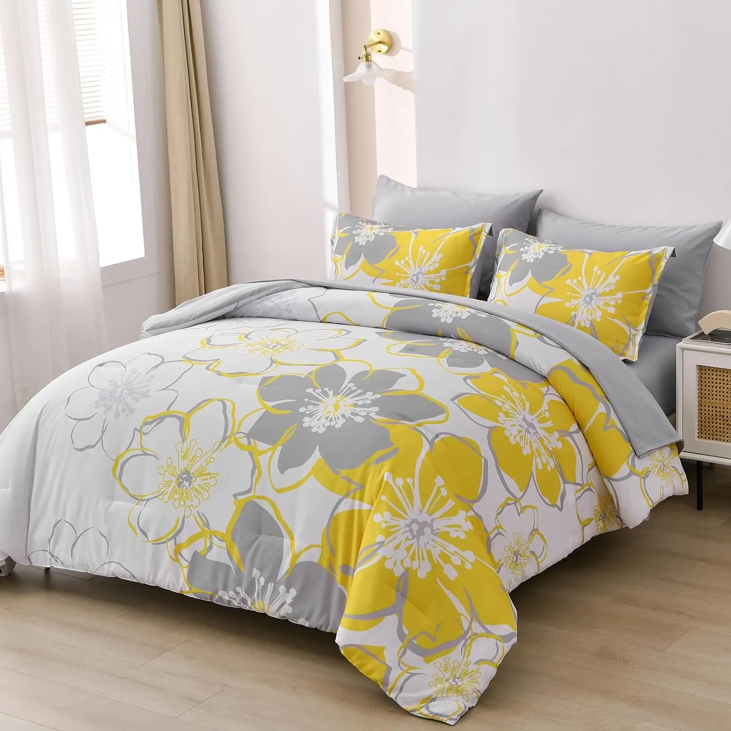 Yellow Floral Comforter Set California King Size 7 Pieces Reversible Bed in a Bag with Sheets Set for All Season, Soft Microfiber Complete Bedding Set All Season