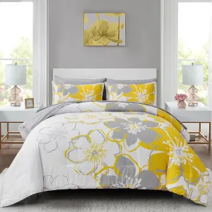 Yellow Floral Comforter Set California King Size 7 Pieces Reversible Bed in a Bag with Sheets Set for All Season, Soft Microfiber Complete Bedding Set All Season