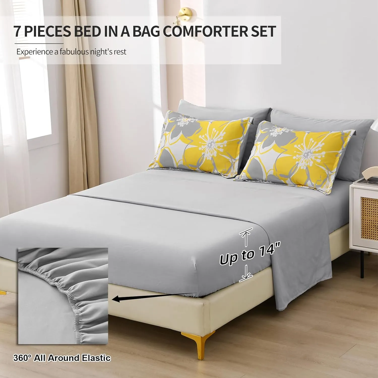 Yellow Floral Comforter Set California King Size 7 Pieces Reversible Bed in a Bag with Sheets Set for All Season, Soft Microfiber Complete Bedding Set All Season