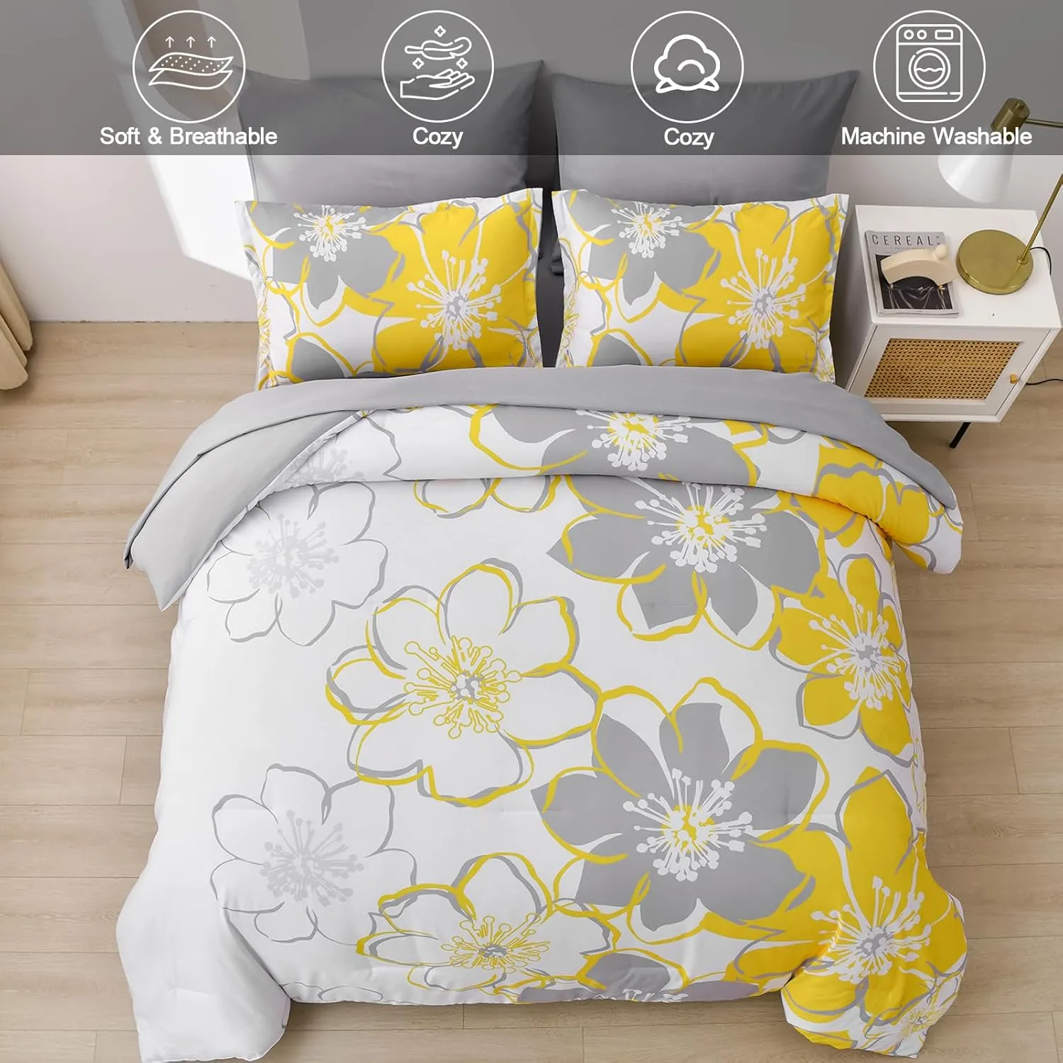 Yellow Floral Comforter Set California King Size 7 Pieces Reversible Bed in a Bag with Sheets Set for All Season, Soft Microfiber Complete Bedding Set All Season