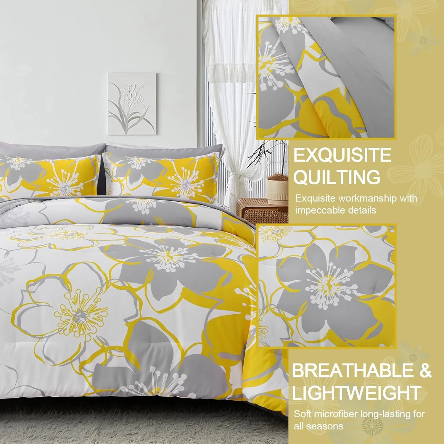 Yellow Floral Comforter Set California King Size 7 Pieces Reversible Bed in a Bag with Sheets Set for All Season, Soft Microfiber Complete Bedding Set All Season