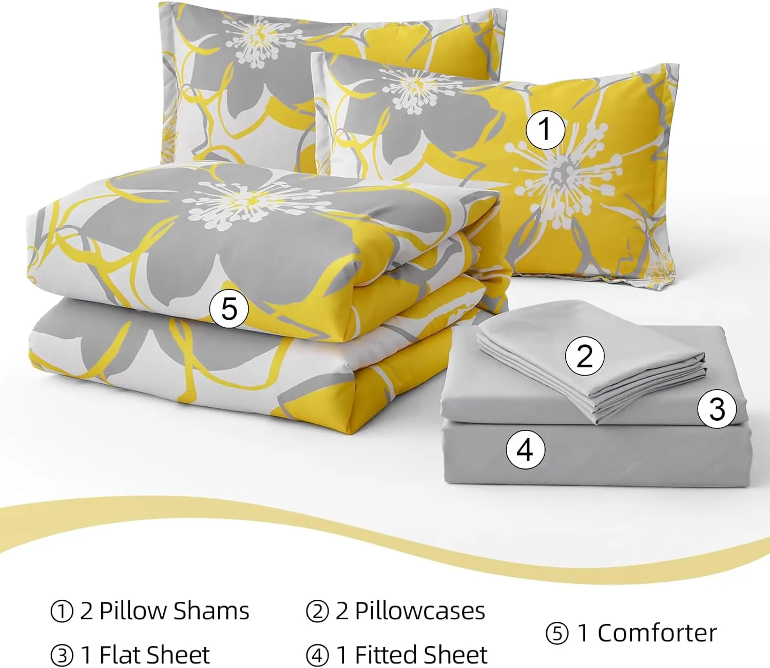 Yellow Floral Comforter Set California King Size 7 Pieces Reversible Bed in a Bag with Sheets Set for All Season, Soft Microfiber Complete Bedding Set All Season
