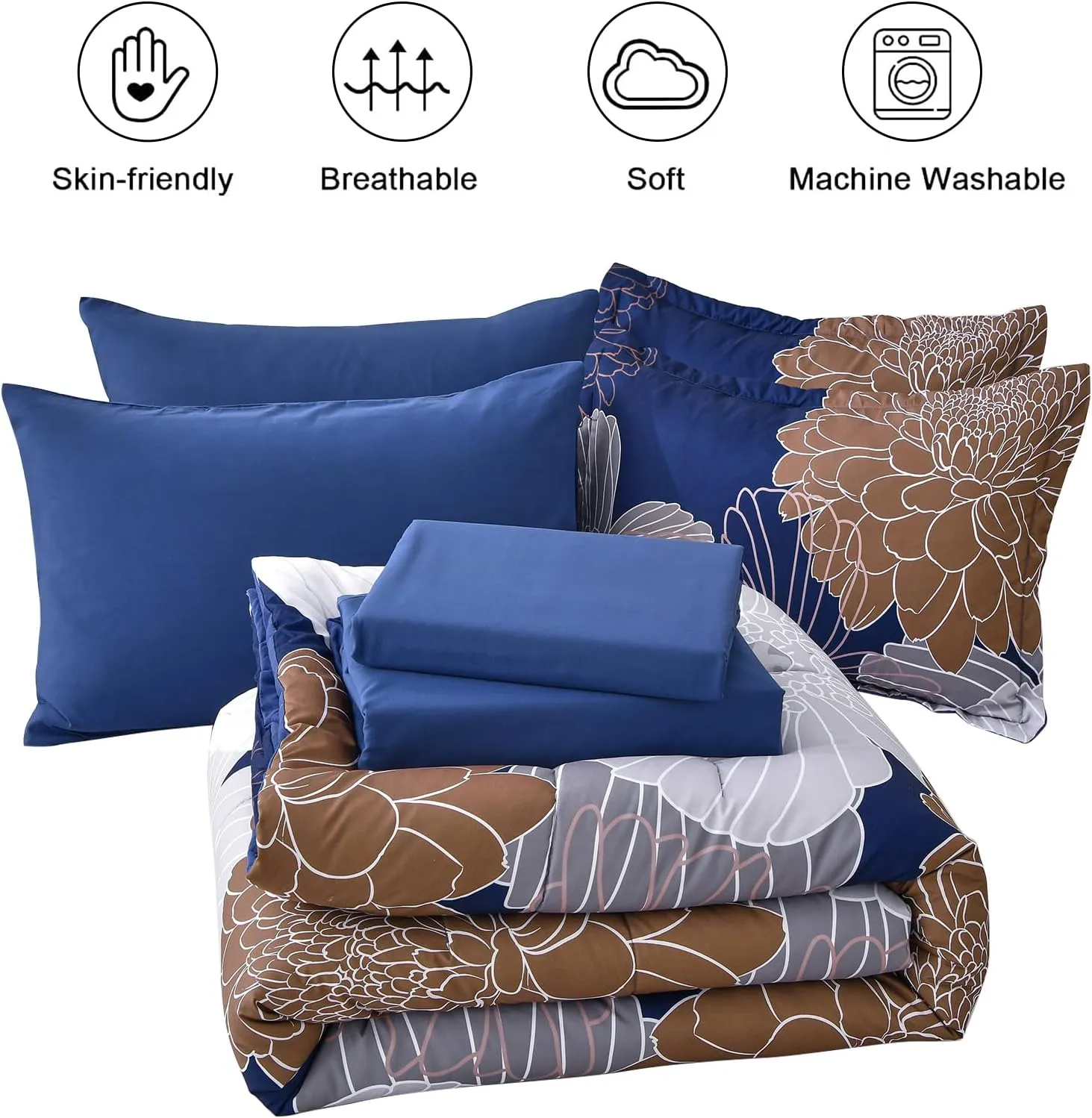Yiran 7 Pieces Floral Comforter Bedding Sets Bed in a Bag Navy Brown Soft Microfiber Comforter Set with Comforter, Sheets, Pillowcases & Shams King Size 104"×90"