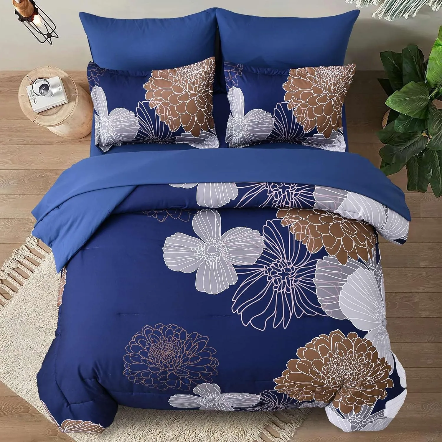 Yiran 7 Pieces Floral Comforter Bedding Sets Bed in a Bag Navy Brown Soft Microfiber Comforter Set with Comforter, Sheets, Pillowcases & Shams King Size 104"×90"