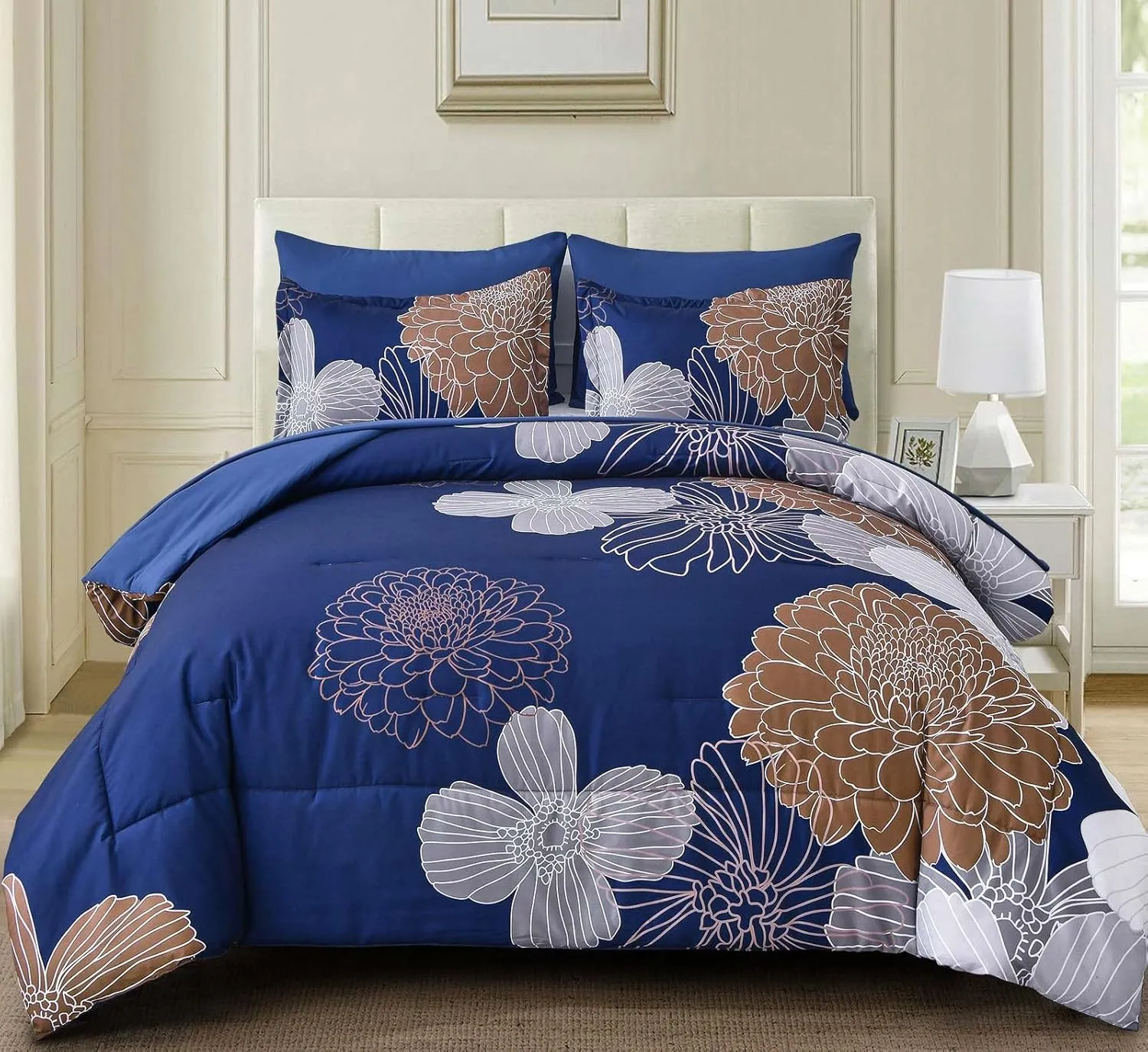 Yiran 7 Pieces Floral Comforter Bedding Sets Bed in a Bag Navy Brown Soft Microfiber Comforter Set with Comforter, Sheets, Pillowcases & Shams King Size 104"×90"