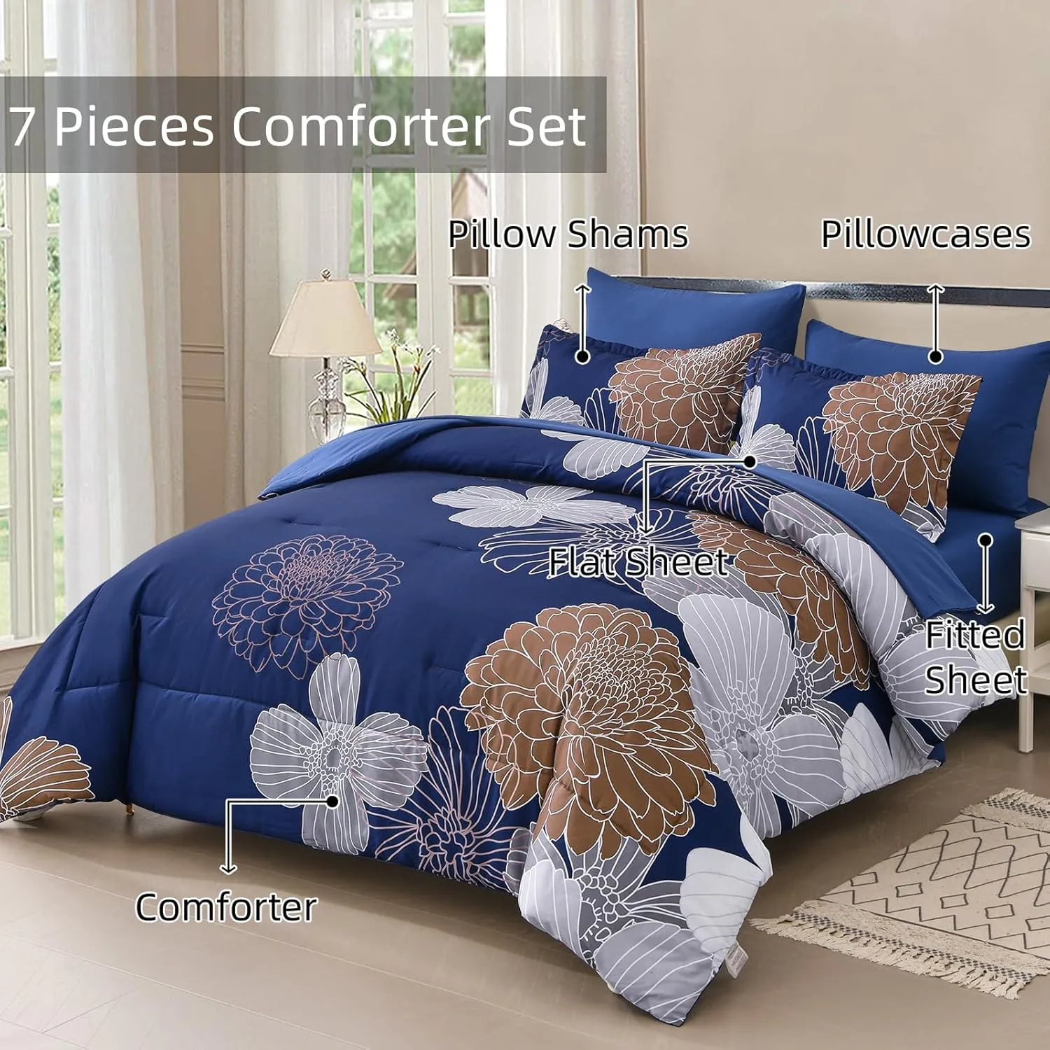 Yiran 7 Pieces Floral Comforter Bedding Sets Bed in a Bag Navy Brown Soft Microfiber Comforter Set with Comforter, Sheets, Pillowcases & Shams King Size 104"×90"